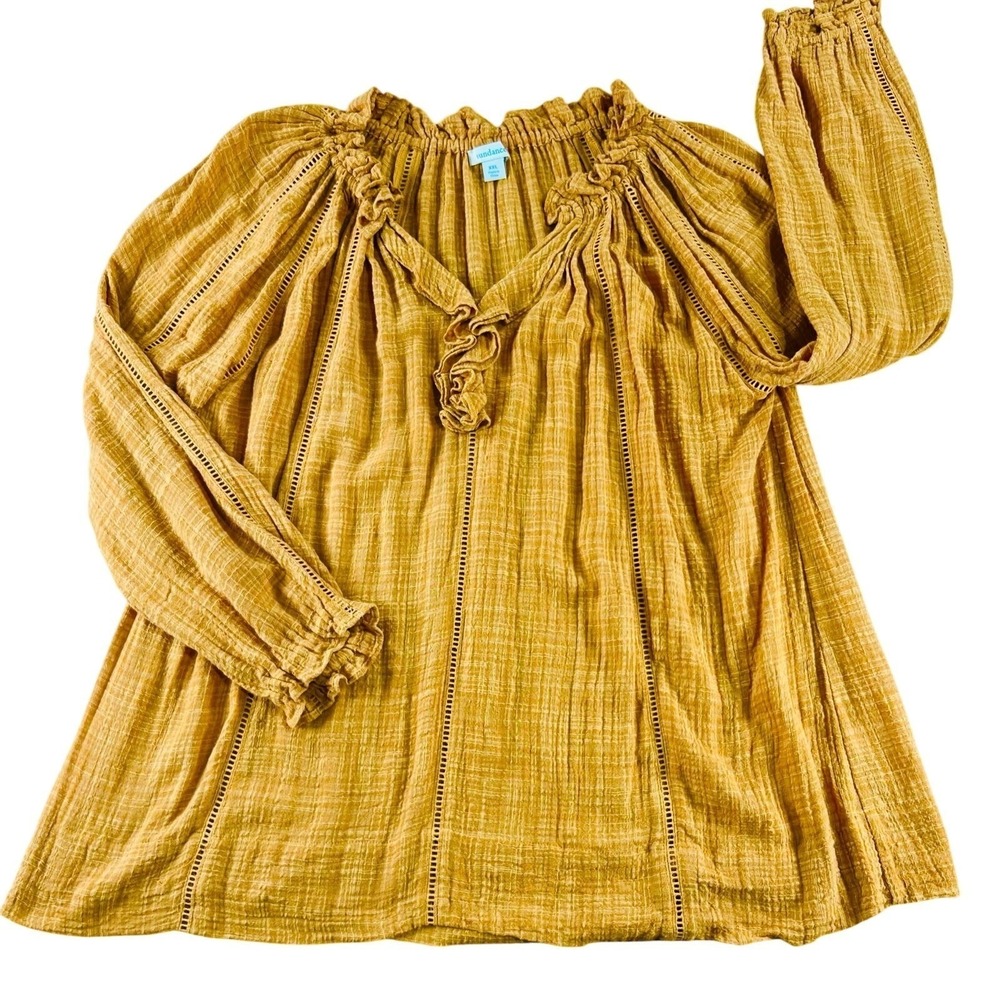 Sundance Blouse Women XXL Mustard Yellow Ruffle Neck Ladder Lace Boho Peasant